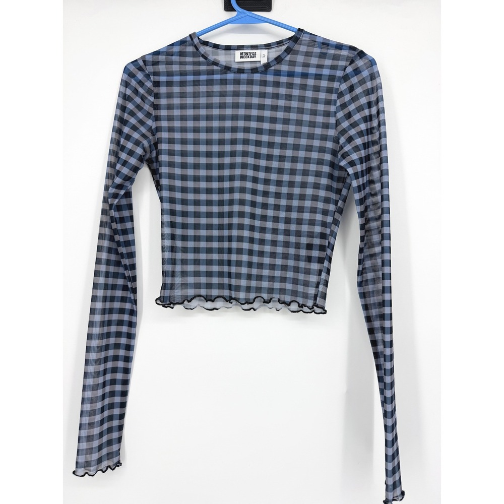 MTWTFSS Weekday Sena Mesh Long Sleeve Gingham Top Blue Black XS